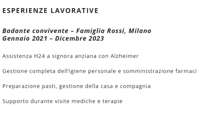 badate esempio esperienze lavorative